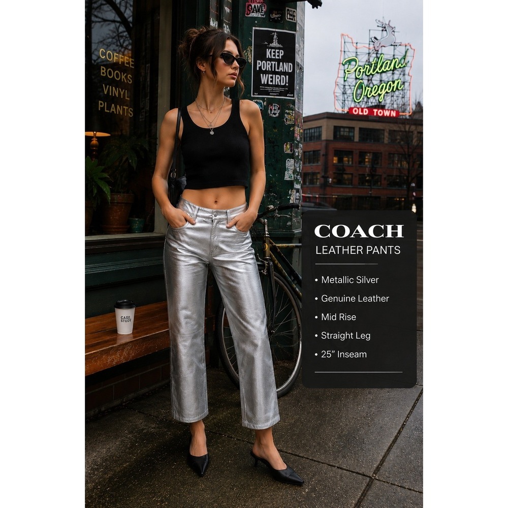 Coach Metallic Silver Leather Pants Straight Leg Mid Rise Size 2 Rare Style 1194